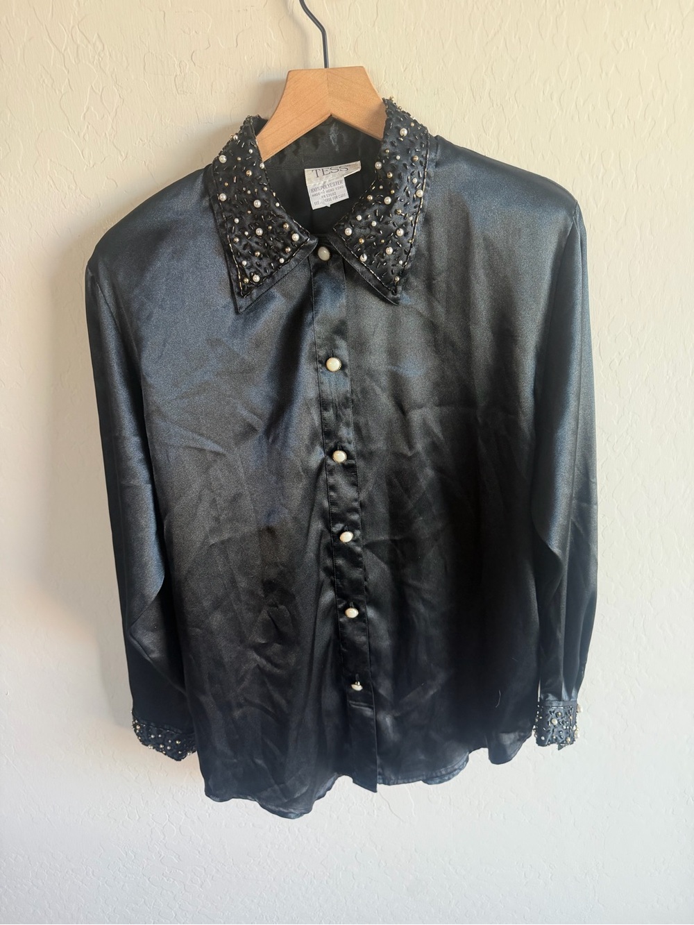 Vintage Tess Embellished Black Satin Womens Blouse Size 6 Y2K Maximalist Glam
